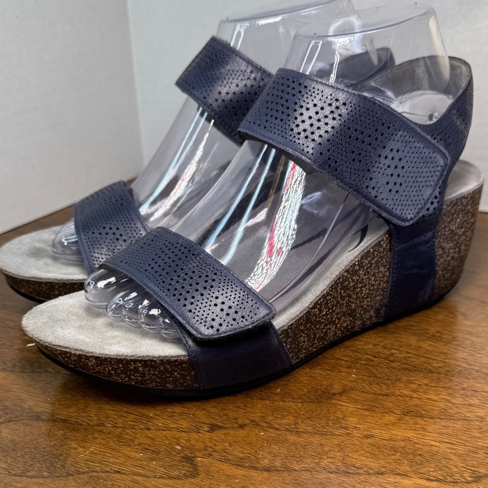 Abeo Navy Perforated Strap Cork Wedge Sandals